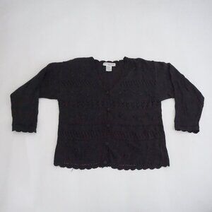 Vintage Victoria Jones Black Pointelle Button Front Knit Cardigan Sweater PL